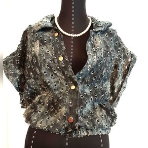 Denim Distressed Dolman Sleeve Bomber Shacket